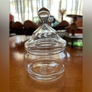 Vintage Etched glass jar with lid or Jewelry